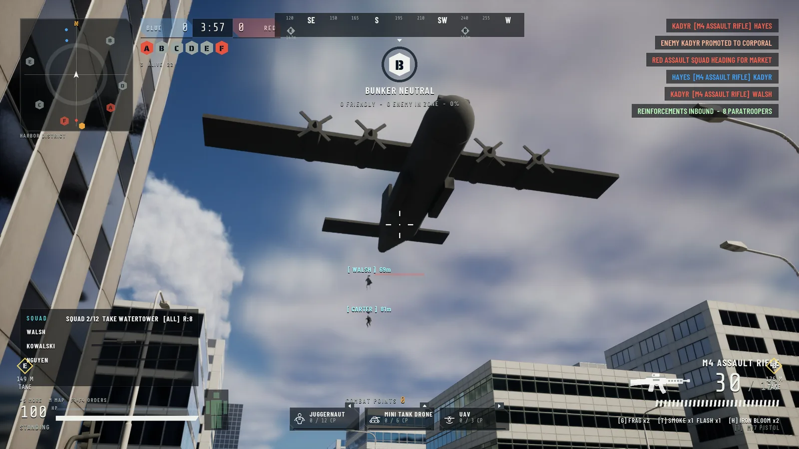 A cargo plane flying low over the harbor
